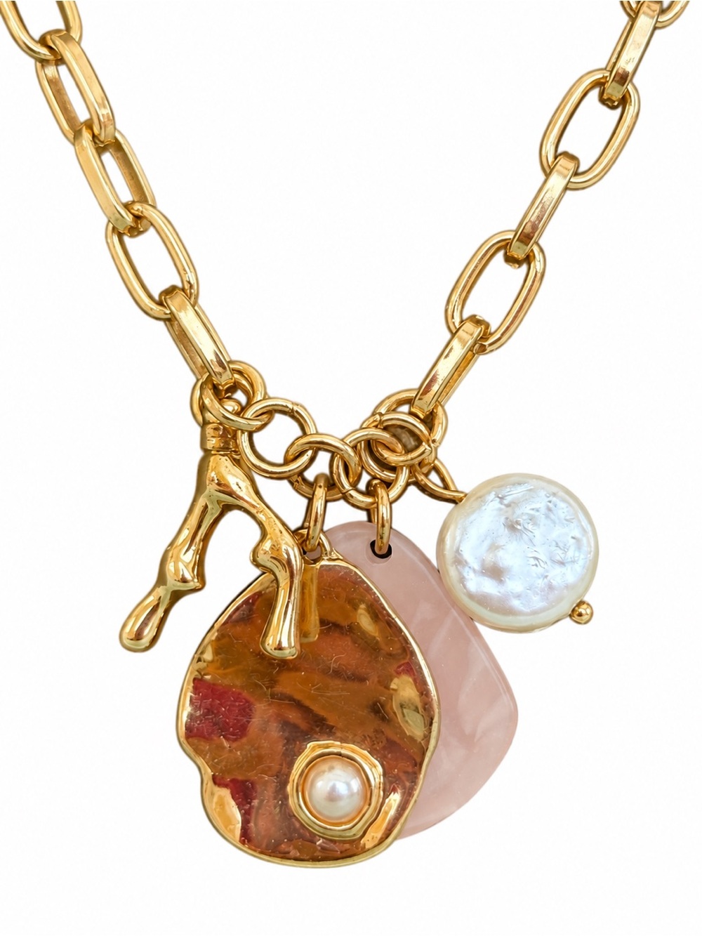 Gold Tone Nautical Coral Faux Pearl Pink Charm Long Necklace 34”